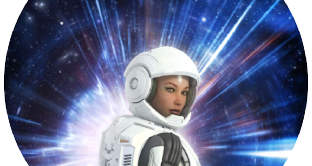 Futuristic astronaut girl in space suit and planet